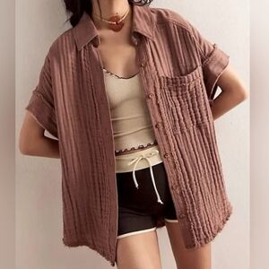 FREE PEOPLE Heat Waves Oversized Gauze Button Front Top Taupe XS